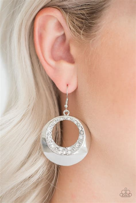 Ringed In Refinement White Rhinestone Silver Hoop Earrings Paparaz