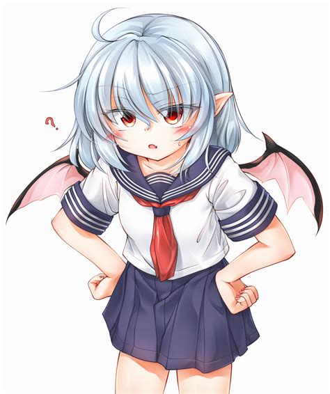 Safebooru 1girl Ahoge Alternate Costume Bat Wings Blue Sailor Collar Blue Skirt Blush