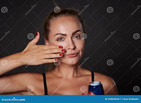 Close Up Beauty Portrait Beautiful Caucasian Woman Applying Moisturizer