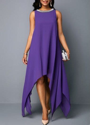 Embellished Neck Asymmetric Hem Chiffon Dress Chiffon Tunic Dress