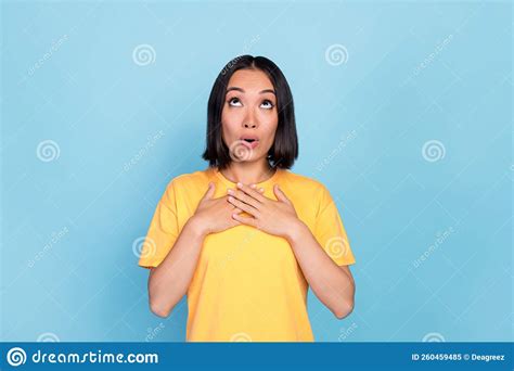 Photo Of Excited Impressed Gorgeous Girl With Bob Hairstyle Wear Yellow