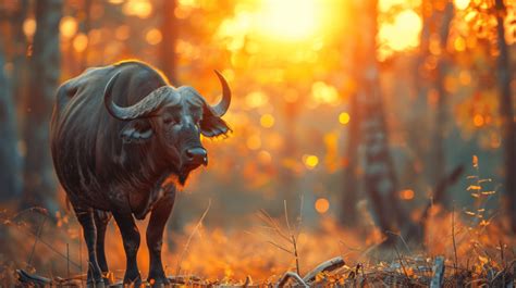 Asia Buffalo Cape Buffalo In Forest With Sunset Orange Shining