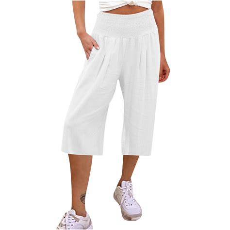 Quyuon Womens Cropped Wide Leg Pants Casual Loose Elastic Waist Linen