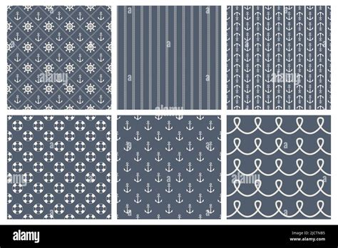 White Blue Vector Nautical Seamless Pattern Set Sea Marine