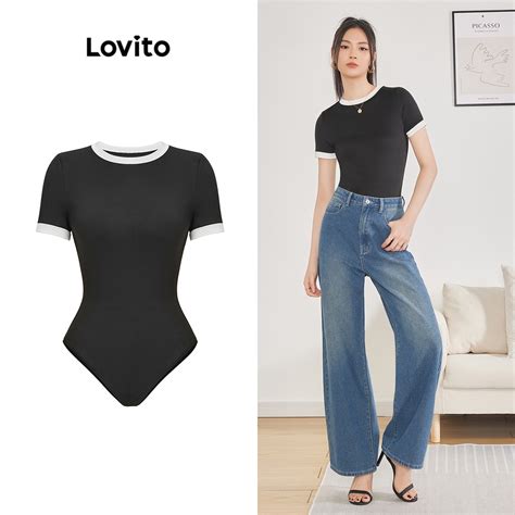 Lovito Casual Plain Contrast Binding Basic Bodysuit For Women L Ed