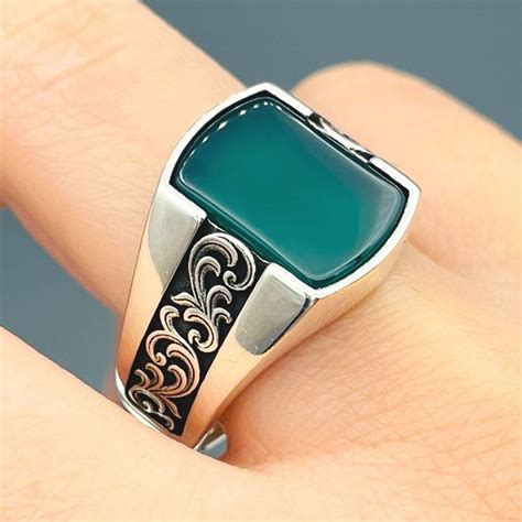 Mens Green Agate Square Stone Ring Turkish Handmade Ring 925 Sterling Silver Ring Ottoman