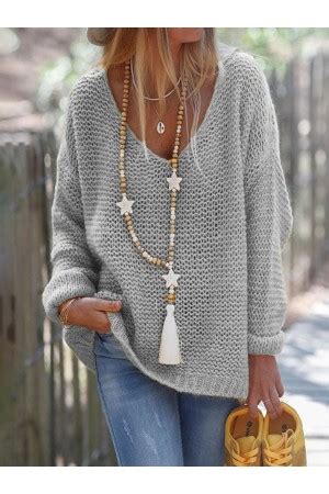 Gray Casual Long Sleeve V Neck Solid Sweater Azzlee