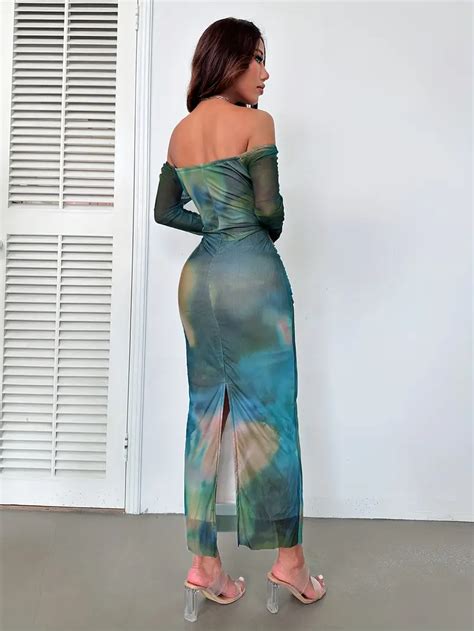 Tie Dye Print Bodycon Neck Dress Sexy Split Hem Long Temu United