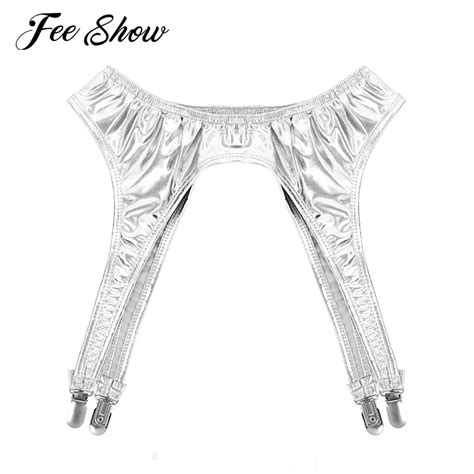 Punk Goth Women Shiny Metallic Exotic Garter Belt Four Metal Clips Sexy