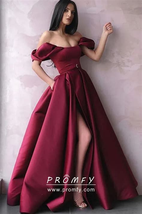 Off The Shoulder Plum Satin Designer Slit Prom Gown Promfy