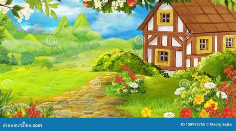 Cartoon Summer Scene With Path In The Forest Or Garden And Old Farm