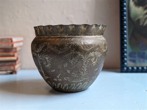 Vintage Indian Engraved Brass Planter Jarniniere Etsy