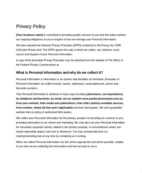 Privacy Policy Templates In Pdf Format