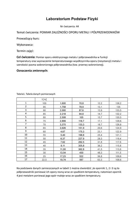 Sprawozdanie Nr Fizyka Laboratorium Podstaw Fizyki Nr Wiczenia