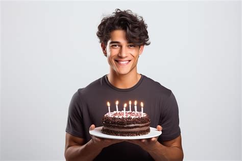 Premium AI Image | Happy beautiful man holding birthday cake with candles isolated on clean ...