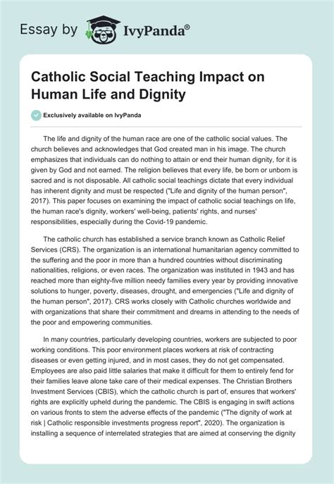 Catholic Social Teaching Impact On Life Dignity 902 Words Essay