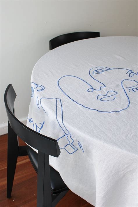 Embroidered Buon Appetito Linen Tablecloth In Blue Etsy