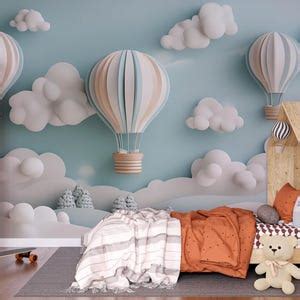3D Hot Air Balloon Nursery Mural Gender Neutral Pastel Wallpaper