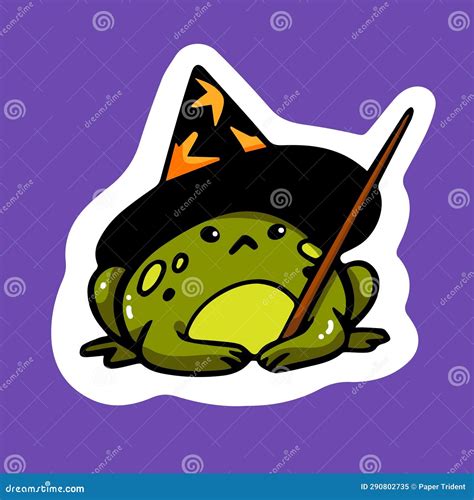 Cute Halloween Frog Sticker Spooky Green Toad With Witch Hat Magic Wand Stock Illustration