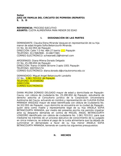 Demanda Proceso Ejecutivo de Alimentos Señor JUEZ DE FAMILIA DEL