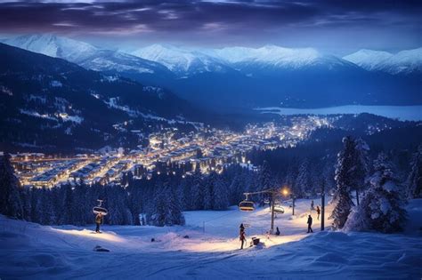 Premium Photo | Evening Skiing in Snowy Mountains