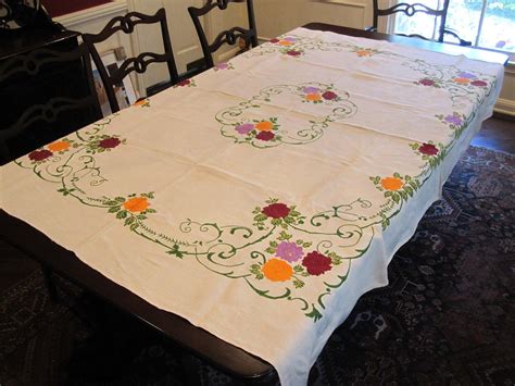 Vintage Hand Embroidered Tablecloth Purple Maroon And Gold