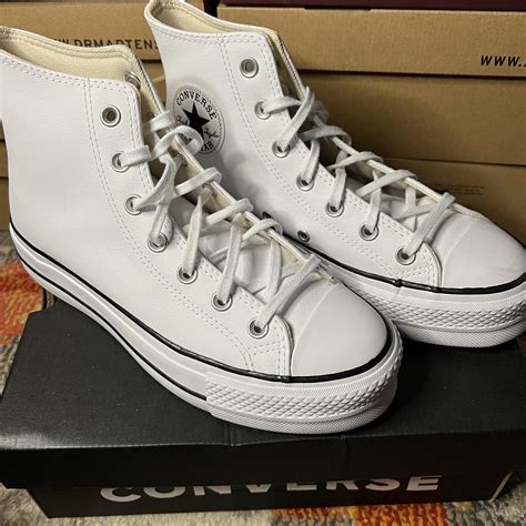 Leather platform all white converse UK-6.5... - Depop