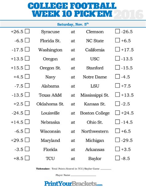 Week College Football Pick Em Sheets Printable