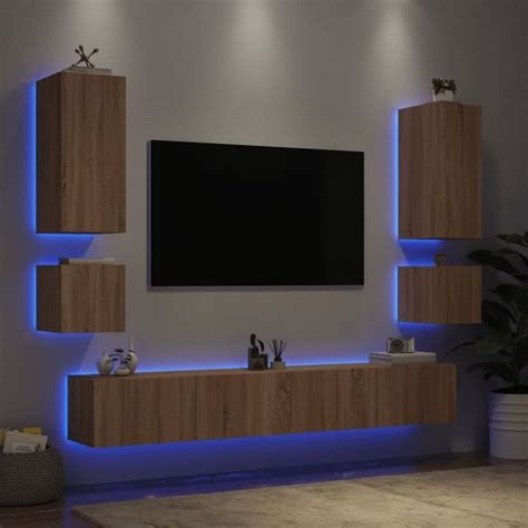 Meuble TV muraux 6 pcs avec lumières LED chêne sonoma Qqmora xY4479