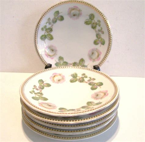 6 P K Silesia Dessert Plates Germany Porcelain Pink Roses Beaded Edge