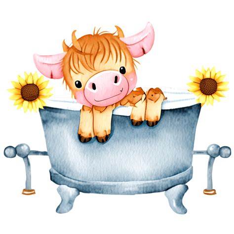 Adorable Baby Highland Cow In Metal Bath Tub Graphic Creative Fabrica