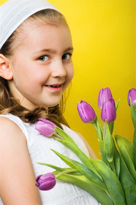 Little Smiling Girl with Flowers Stock Image - Image of health ...