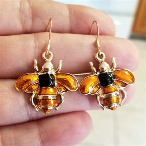 K Gold Bumble Bee Earrings Amber Bumblebee Earrings Dangle Bee