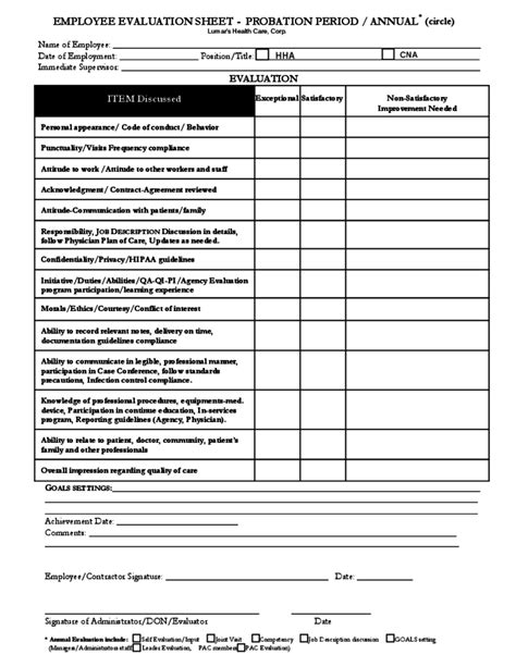 Employee Self Evaluation Form Sample Free Download