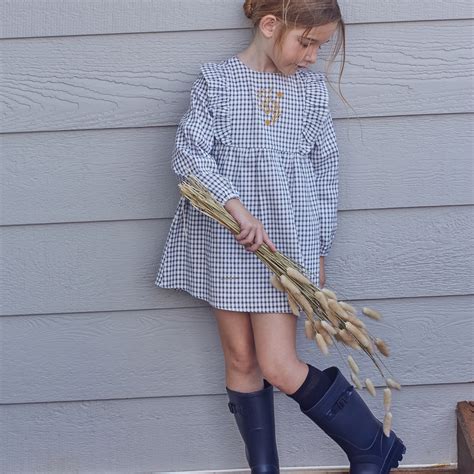 Vestido Ni A Cuadros Vichy Azul Y Blanco Con Bordado Mostaza Dadati