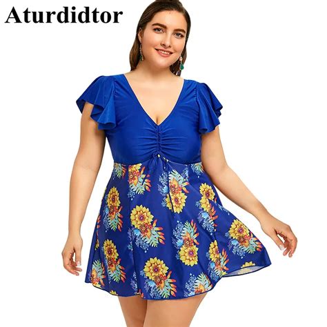 Plus Size Swimwear Blue Floral Flounce Skirted Swimdress Women Plus ...