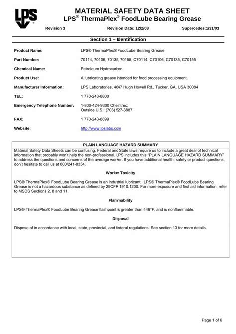 Pdf Material Safety Data Sheet Lps Thermaplex Foodlube Bearing