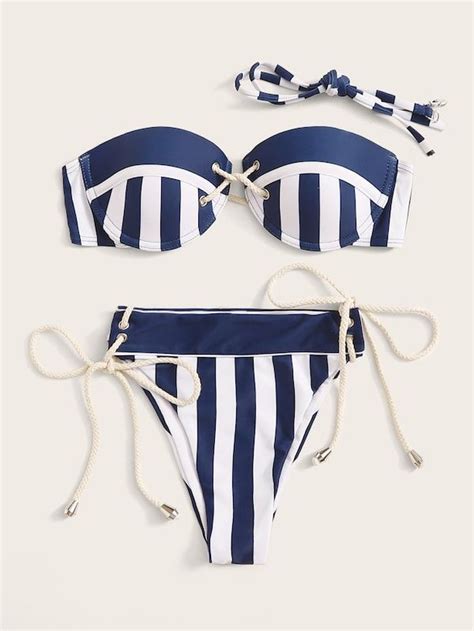 Striped Self Tie Underwire Bandeau Bikini Set SHEIN Bikinis