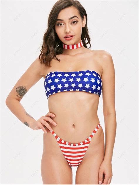 18 OFF 2021 American Flag Choker Bandeau Bikini In EARTH BLUE ZAFUL