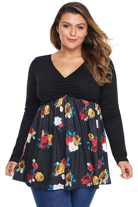 Plus Size Tunic Tops With Long Sleeve And Floral Printed