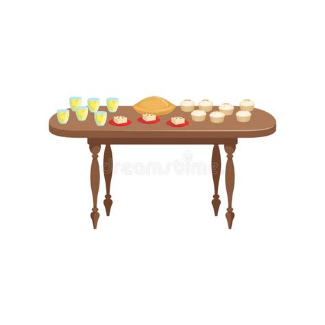 Banquet Table with Food and Drinks, Delicious Food on Wooden Table Vector Illustration on a ...