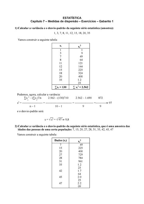Capítulo 7 Gabarito 1 de Medidas de dispersão ESTATÍSTICA Capítulo 7