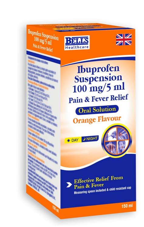 Bells Ibuprofen Suspension 100mg 5ml Orange 150ml Mandc Drugstore