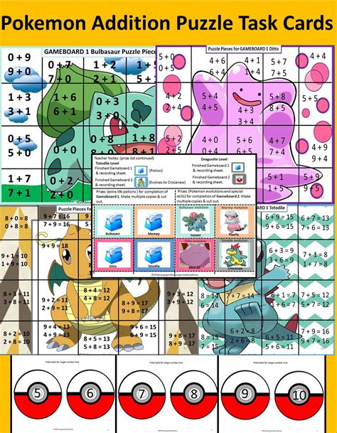 Pokemon Addition Hidden Picture Puzzles Task Cards And Centers Task