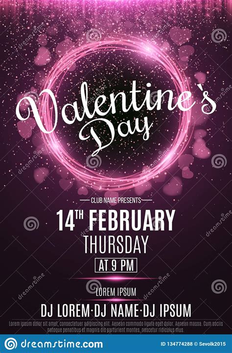 Happy Valentine`s Day Party Flyer Neon Glowing Pink Banner With Flying