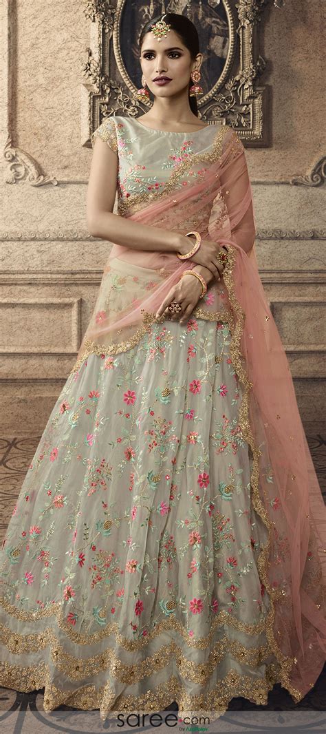 Light Sage Green Tissue Designer Floral Embroidered Lehenga Choli