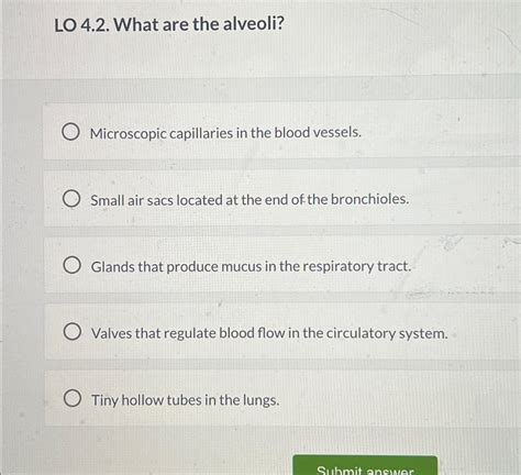 Solved LO 4.2. ﻿What are the alveoli?Microscopic capillaries | Chegg.com