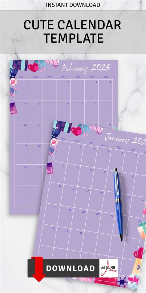 Cute Calendar Template, 2023 Calendar Printable , Blank Monthly ...