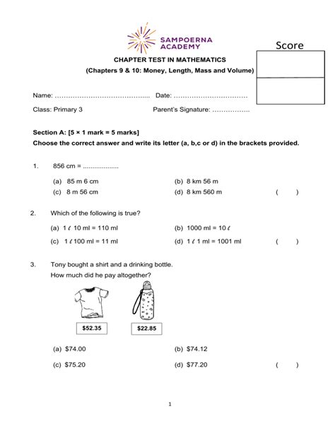 G3 Chapter Test Money Length Mass Volume