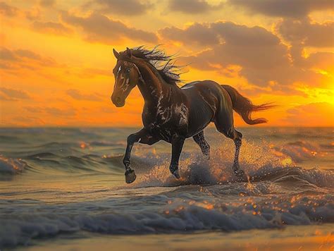 Black Horse Running Beach Sunset Beauty | Premium AI-generated image